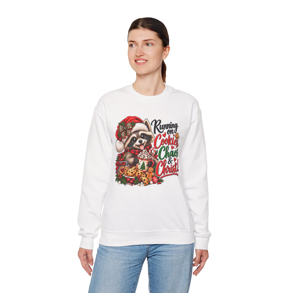 Running on Cookies, Chaos & Christ Christmas Raccoon Sweatshirt