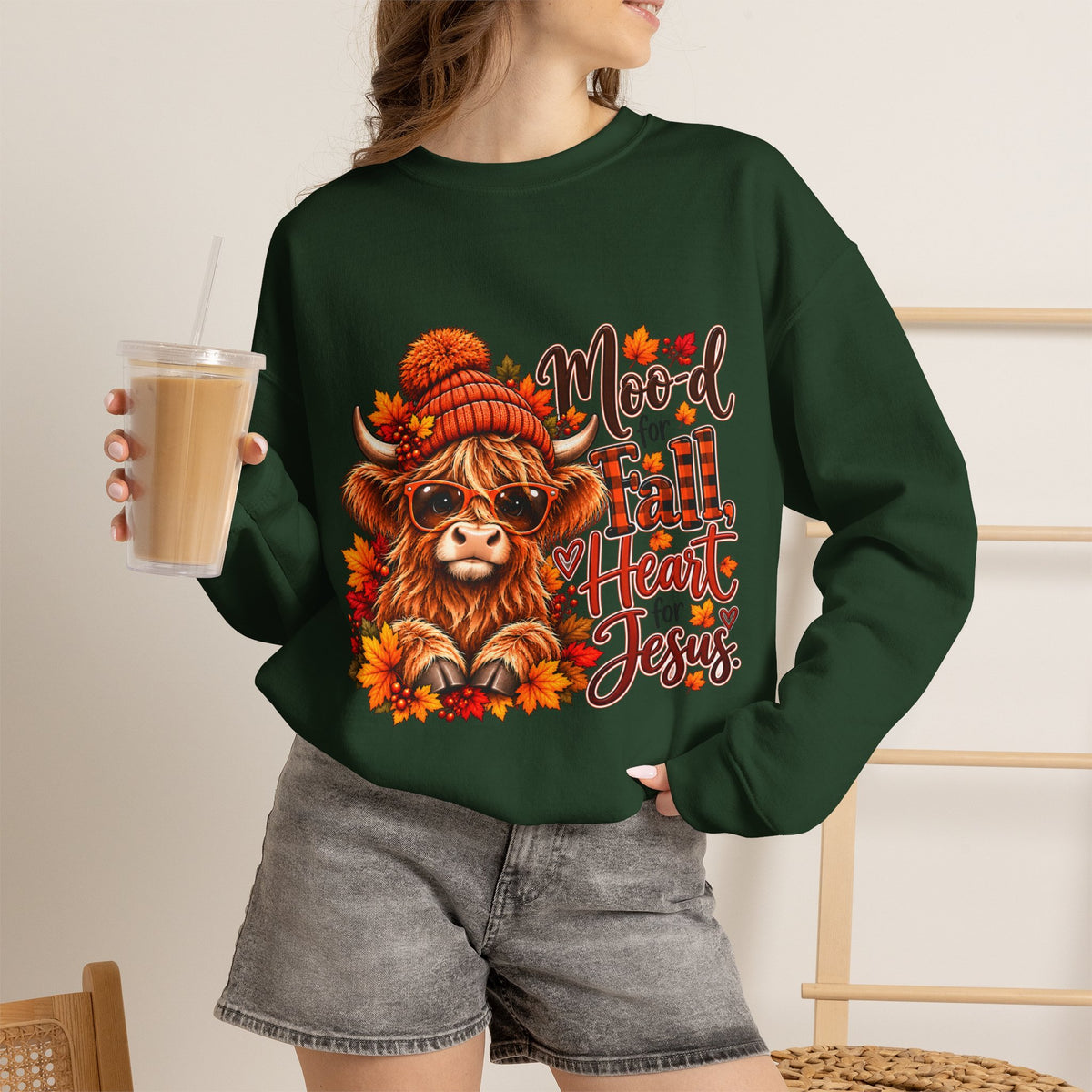 Moo-d for Fall, Heart for Jesus - Highland Cow Fall Sweatshirt