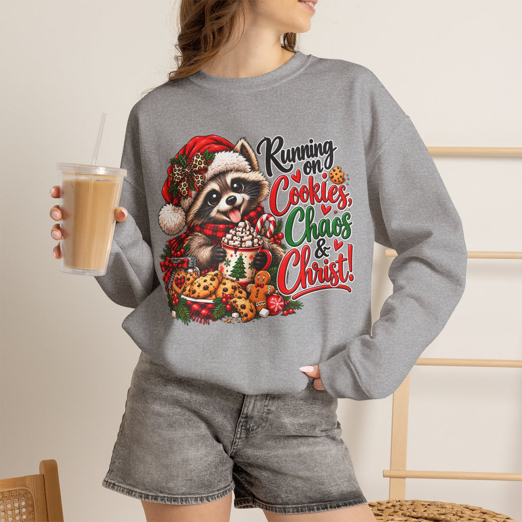Running on Cookies, Chaos & Christ Christmas Raccoon Sweatshirt