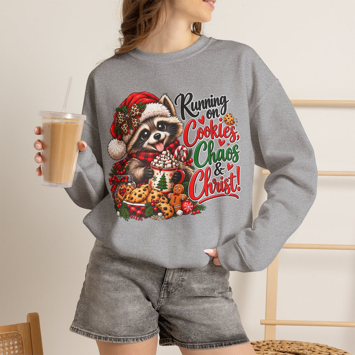 Running on Cookies, Chaos & Christ Christmas Raccoon Sweatshirt