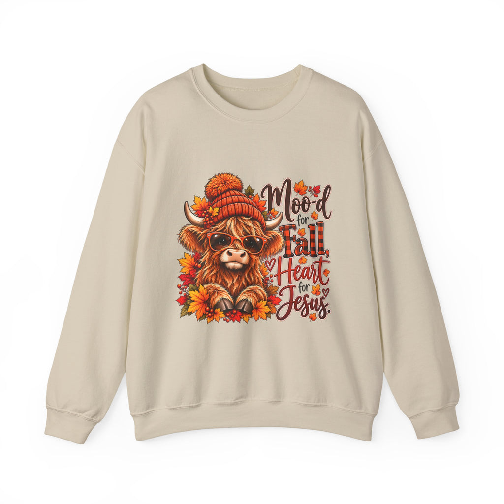 Moo-d for Fall, Heart for Jesus - Highland Cow Fall Sweatshirt