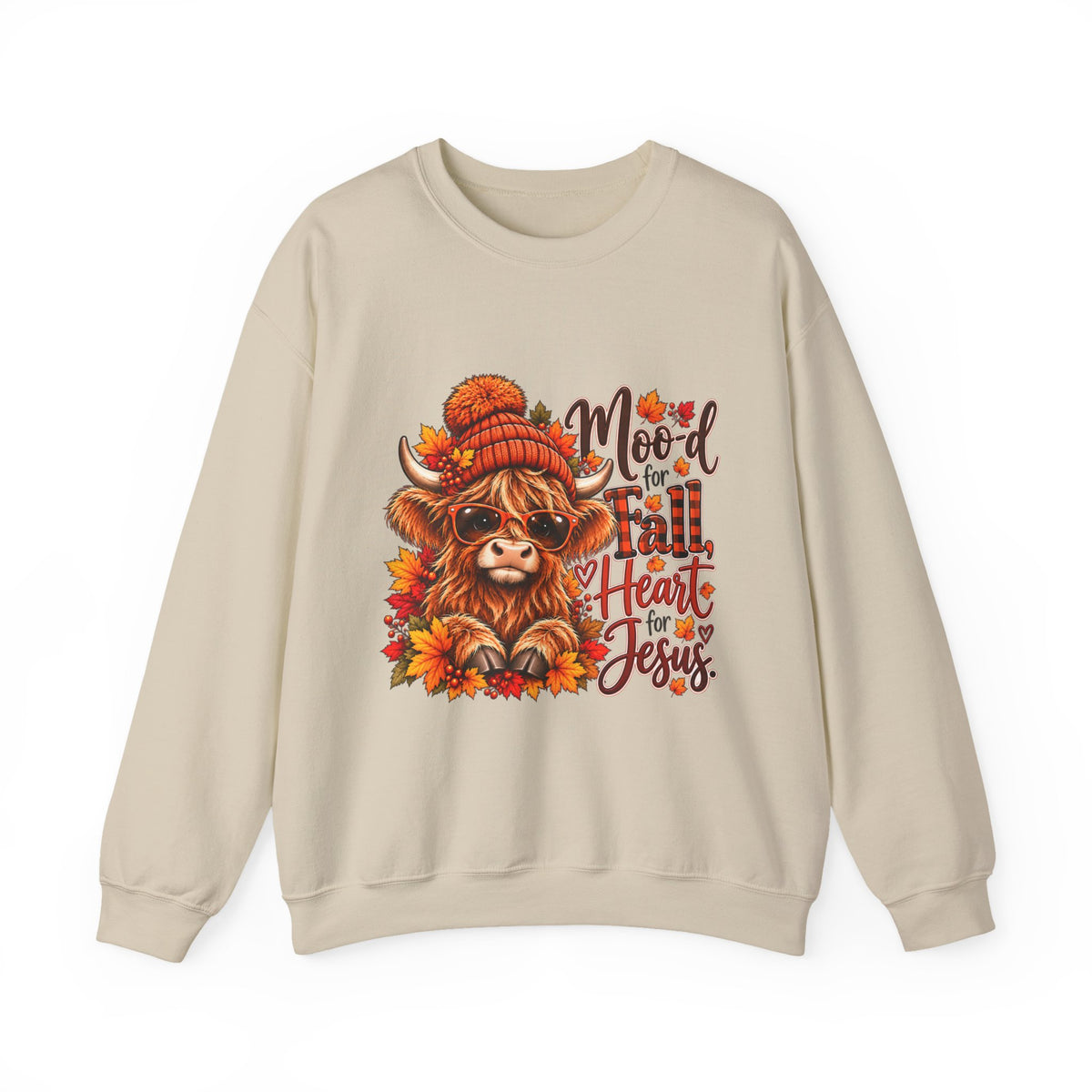 Moo-d for Fall, Heart for Jesus - Highland Cow Fall Sweatshirt