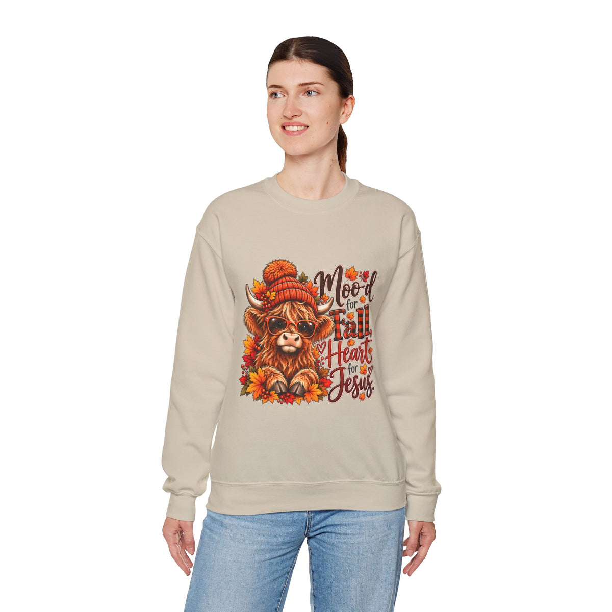 Moo-d for Fall, Heart for Jesus - Highland Cow Fall Sweatshirt