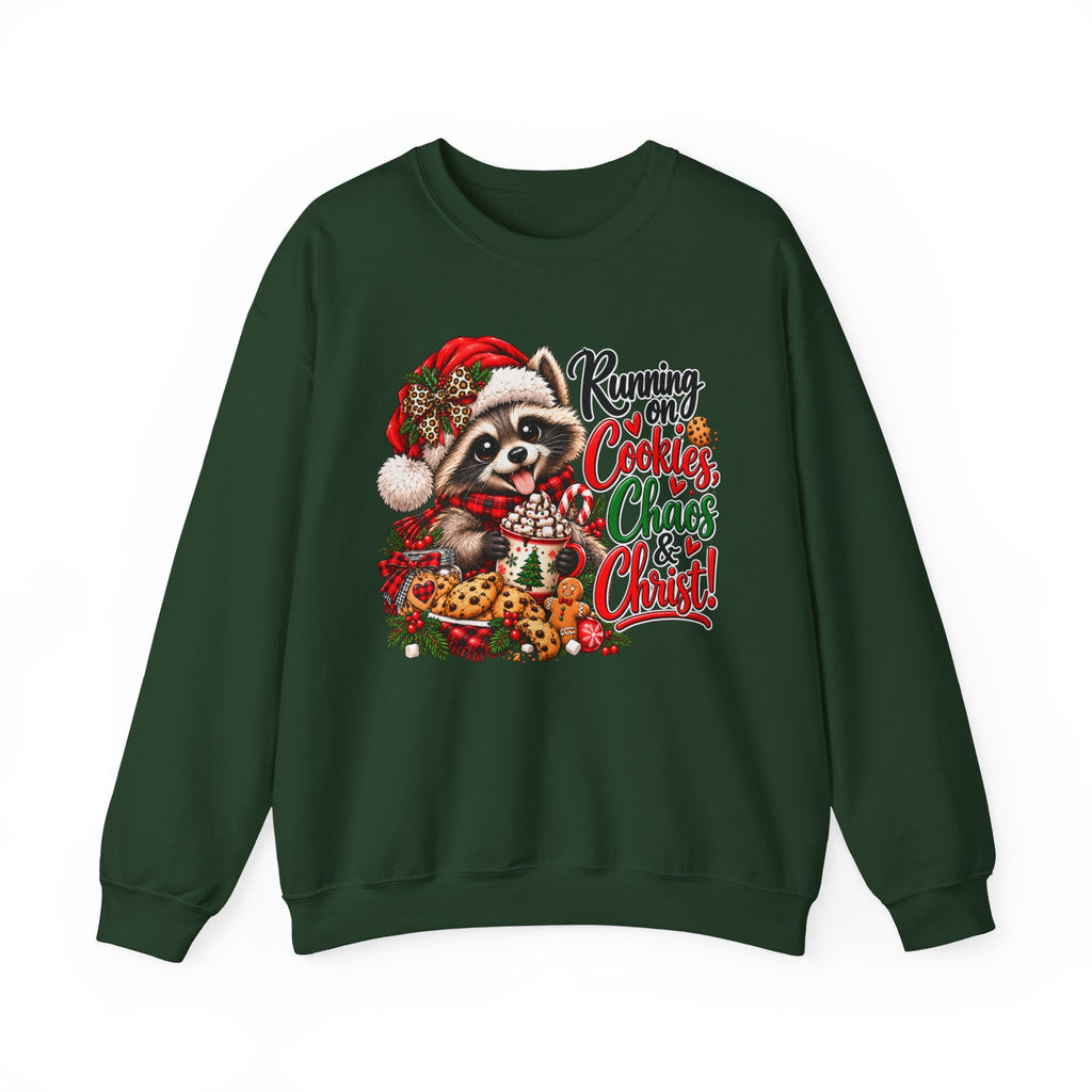 Running on Cookies, Chaos & Christ Christmas Raccoon Sweatshirt