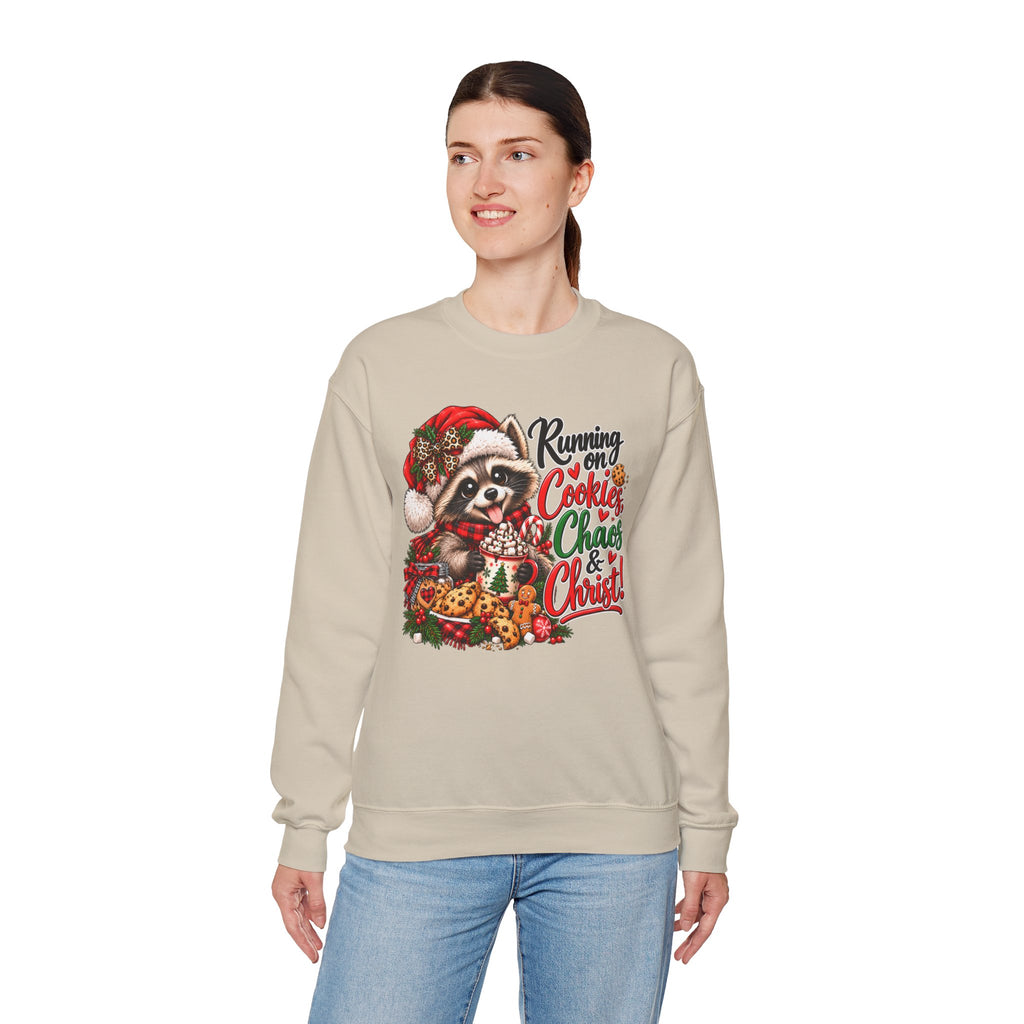 Running on Cookies, Chaos & Christ Christmas Raccoon Sweatshirt