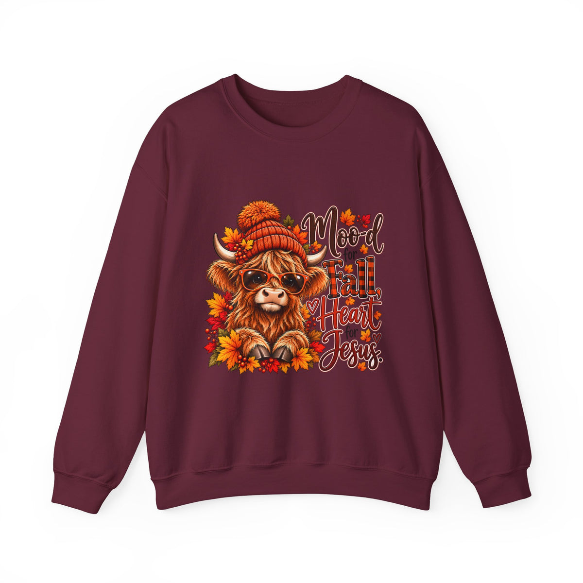 Moo-d for Fall, Heart for Jesus - Highland Cow Fall Sweatshirt