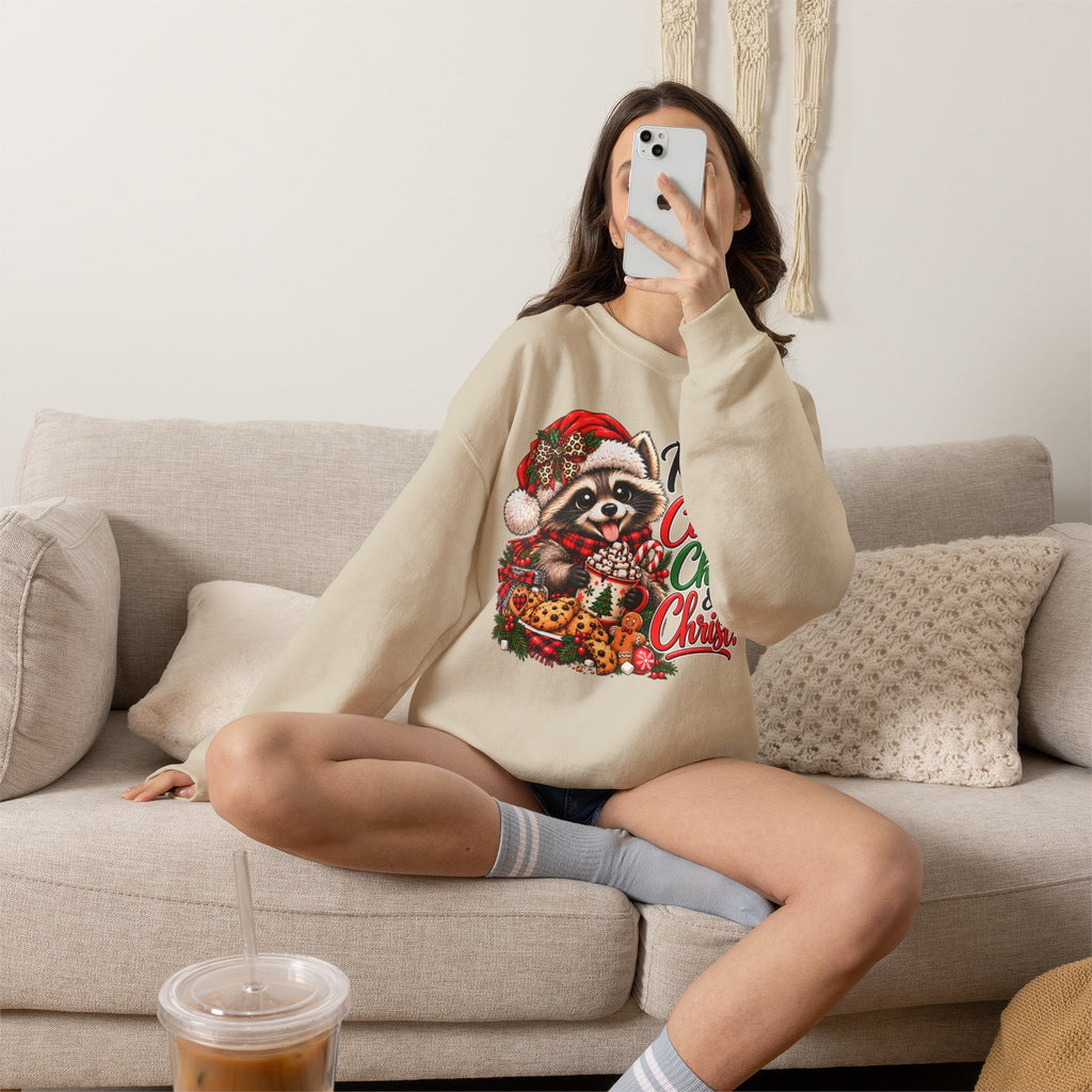 Running on Cookies, Chaos & Christ Christmas Raccoon Sweatshirt