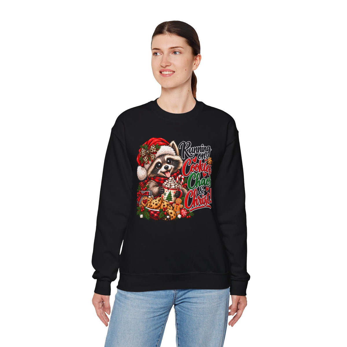 Running on Cookies, Chaos & Christ Christmas Raccoon Sweatshirt