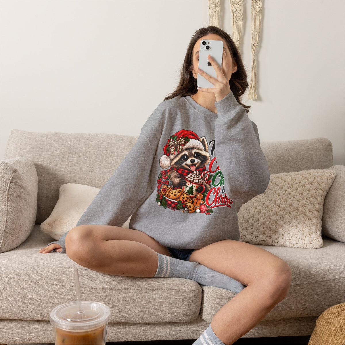 Running on Cookies, Chaos & Christ Christmas Raccoon Sweatshirt