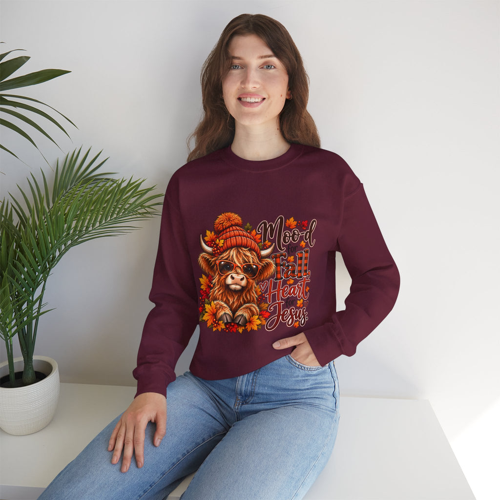 Moo-d for Fall, Heart for Jesus - Highland Cow Fall Sweatshirt