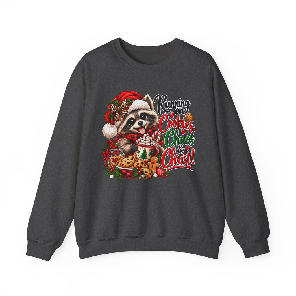 Running on Cookies, Chaos & Christ Christmas Raccoon Sweatshirt