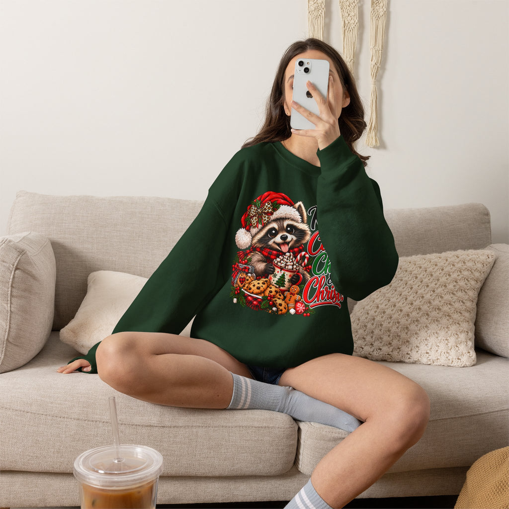 Running on Cookies, Chaos & Christ Christmas Raccoon Sweatshirt
