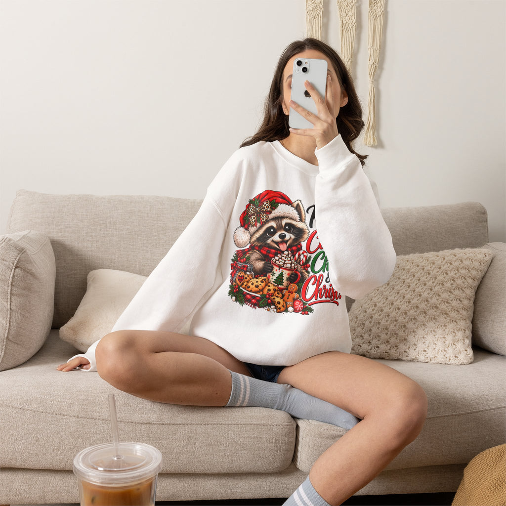 Running on Cookies, Chaos & Christ Christmas Raccoon Sweatshirt