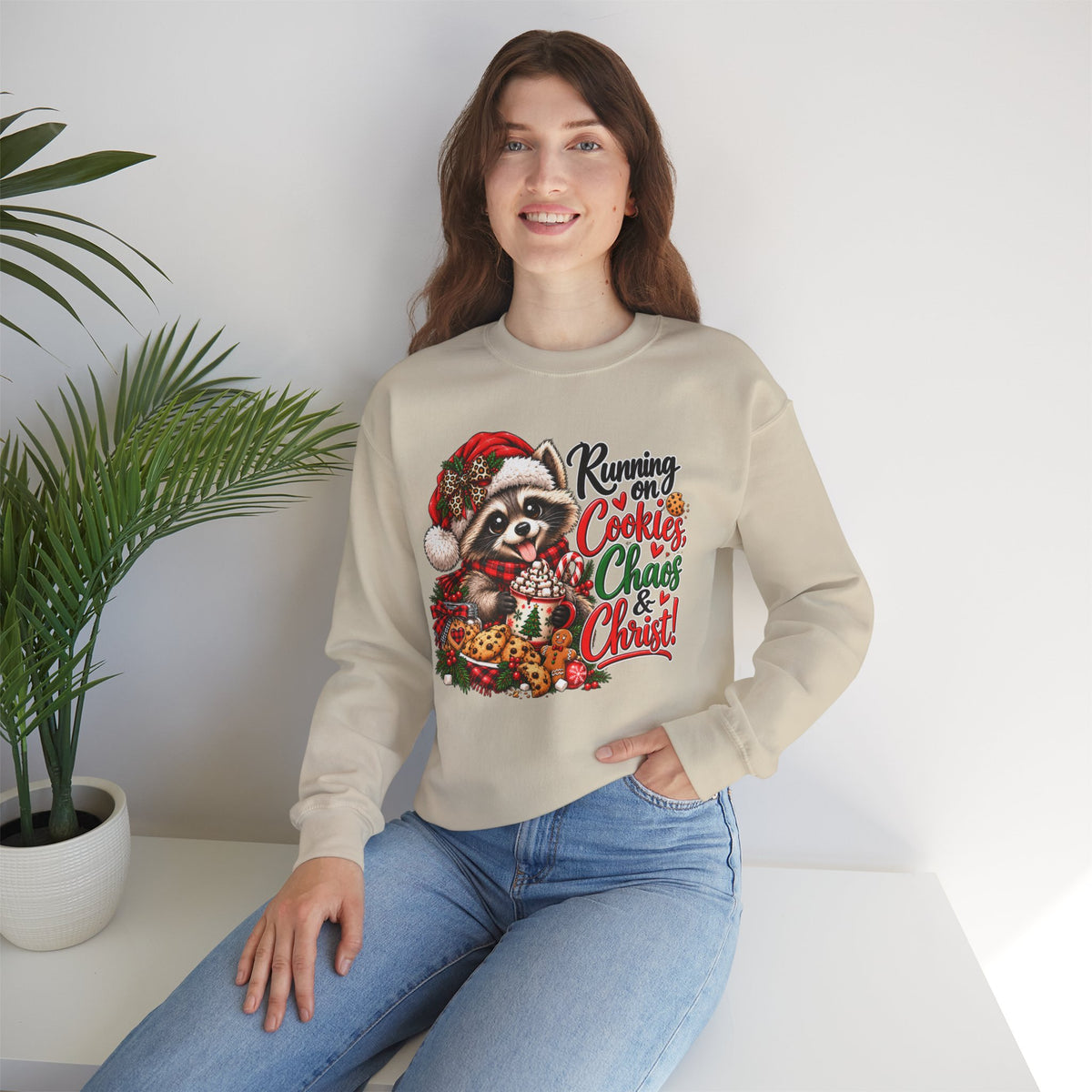 Running on Cookies, Chaos & Christ Christmas Raccoon Sweatshirt