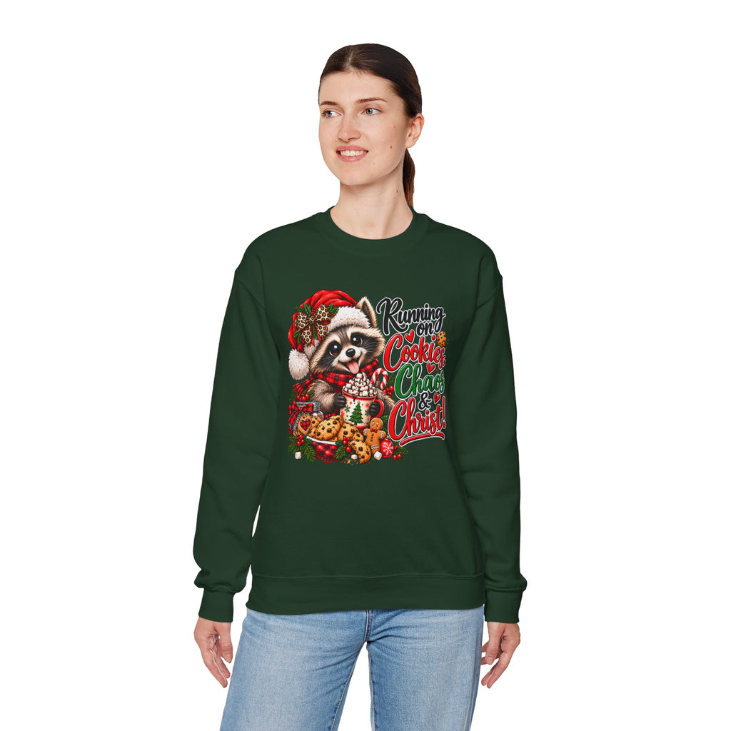 Running on Cookies, Chaos & Christ Christmas Raccoon Sweatshirt