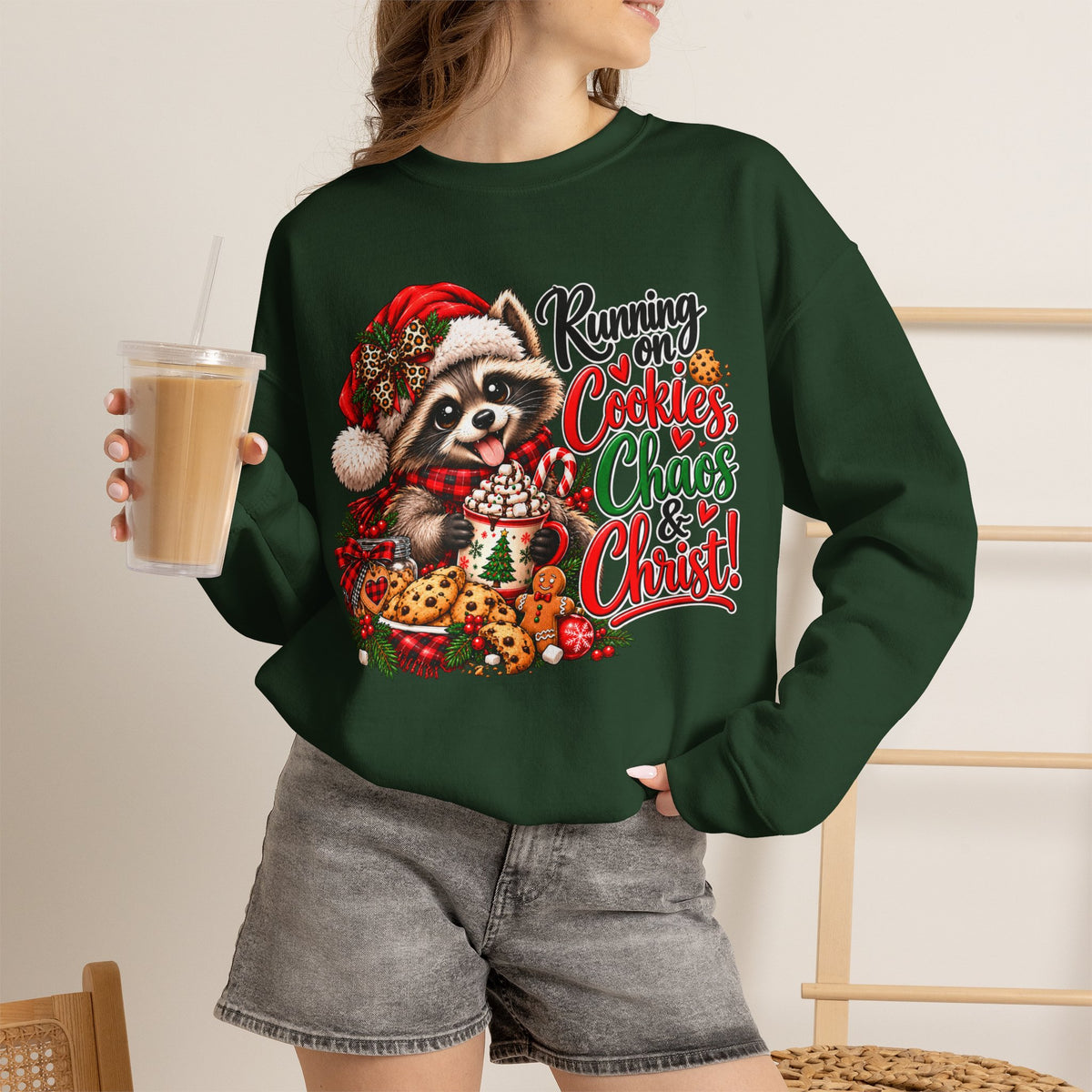 Running on Cookies, Chaos & Christ Christmas Raccoon Sweatshirt