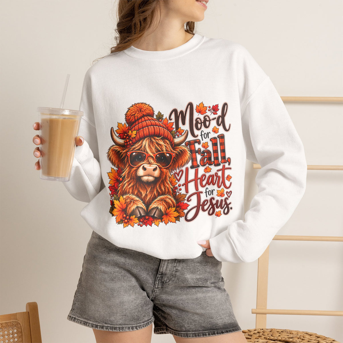Moo-d for Fall, Heart for Jesus - Highland Cow Fall Sweatshirt