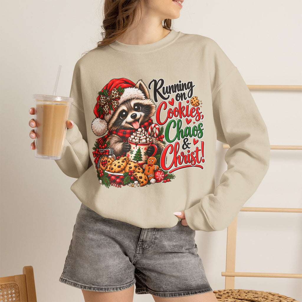 Running on Cookies, Chaos & Christ Christmas Raccoon Sweatshirt