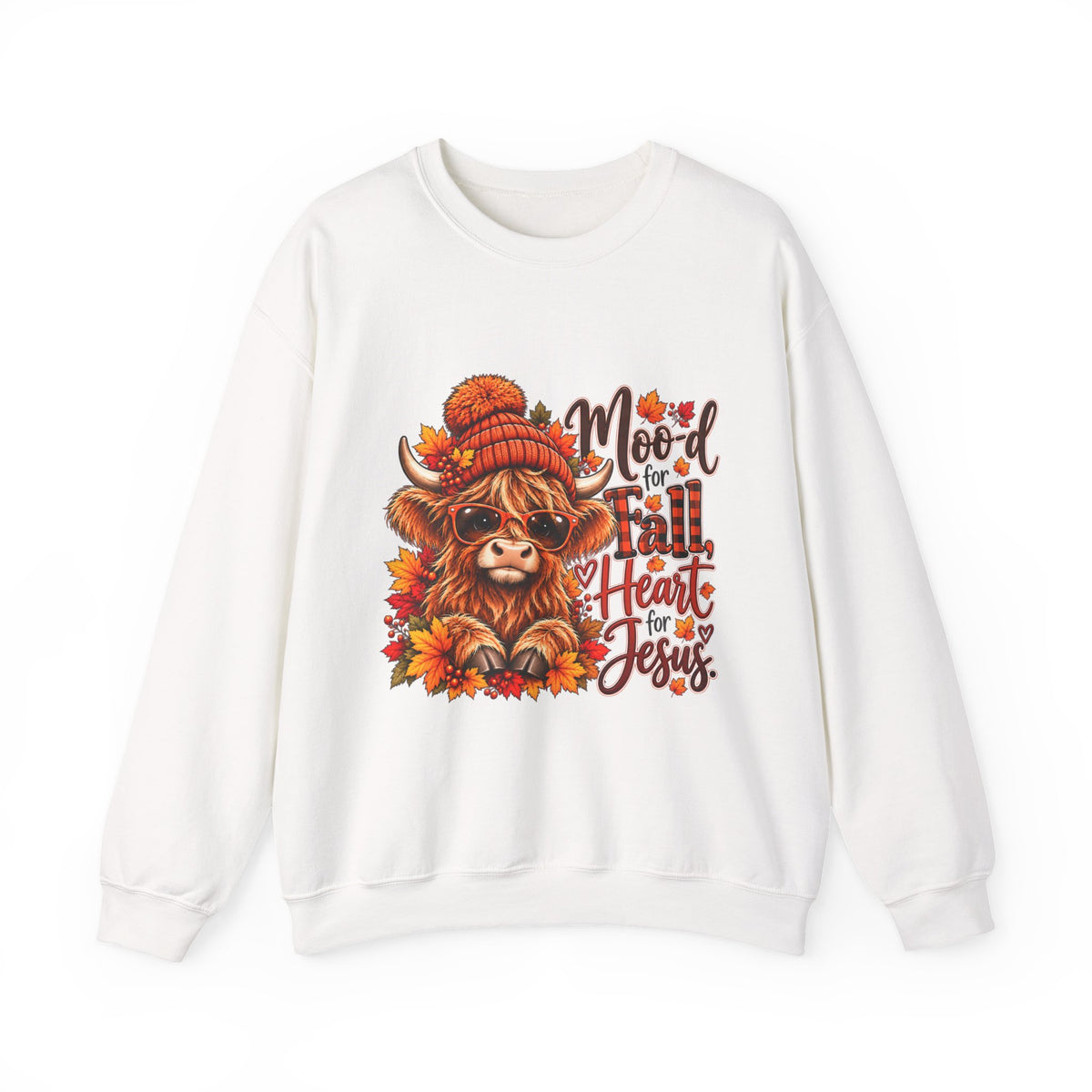 Moo-d for Fall, Heart for Jesus - Highland Cow Fall Sweatshirt