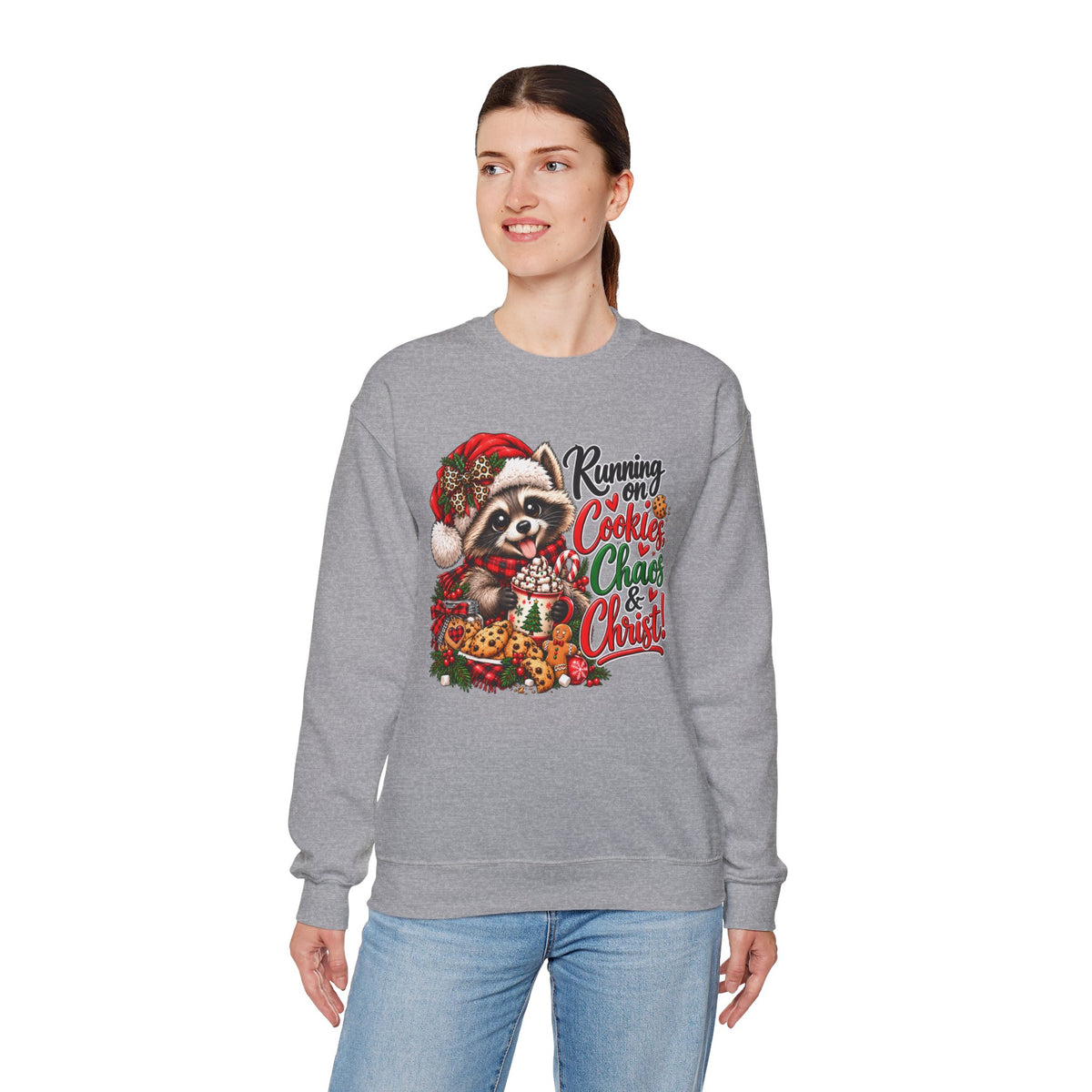 Running on Cookies, Chaos & Christ Christmas Raccoon Sweatshirt