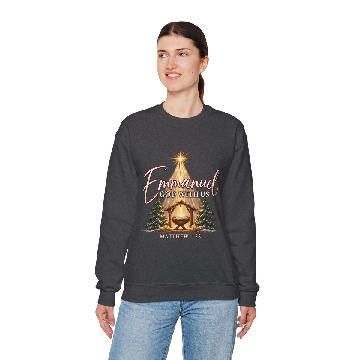Emmanuel God With Us Christmas Sweatshirt – Matthew 1:23 Christian Crewneck