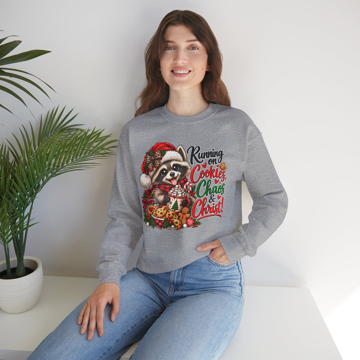 Running on Cookies, Chaos & Christ Christmas Raccoon Sweatshirt