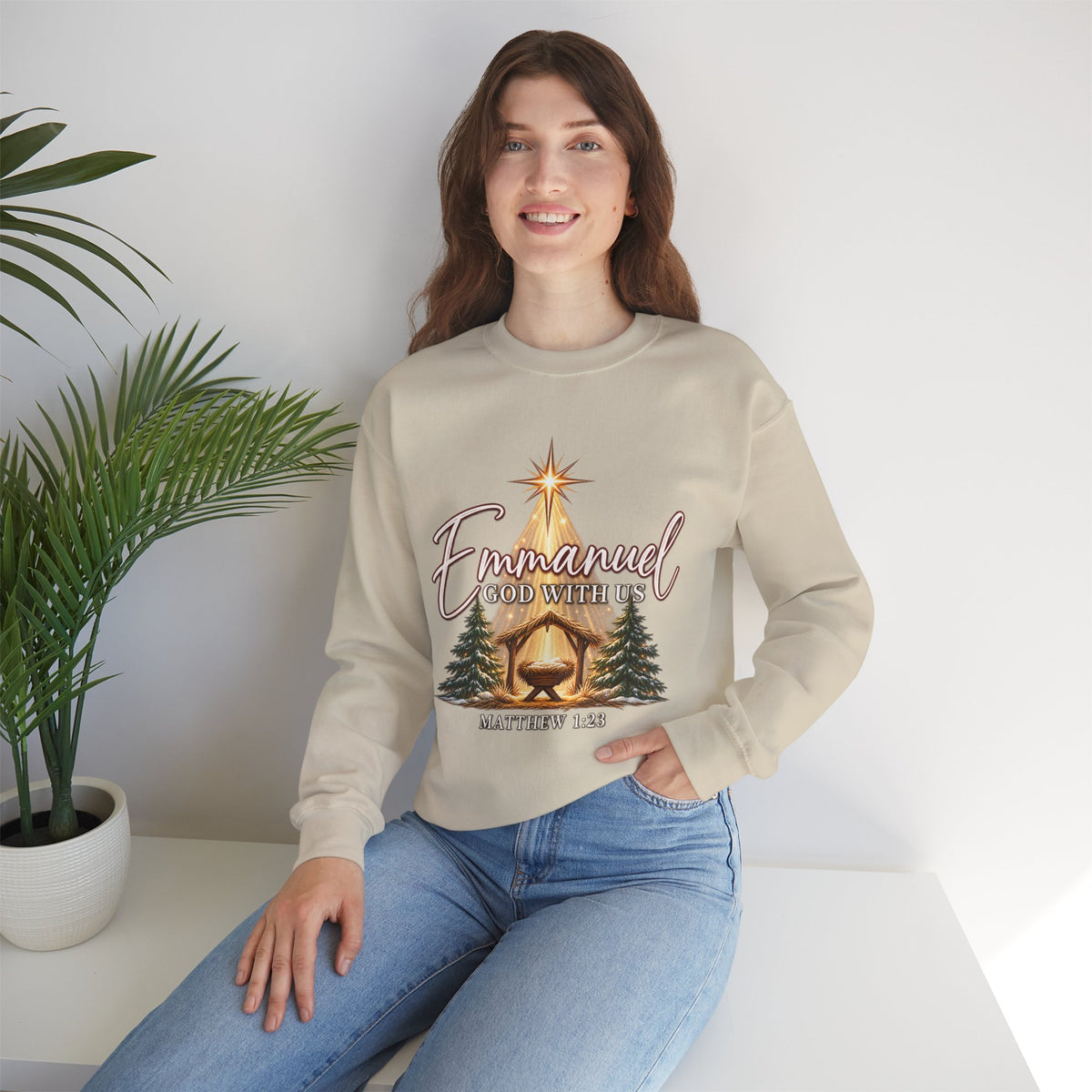 Emmanuel God With Us Christmas Sweatshirt – Matthew 1:23 Christian Crewneck