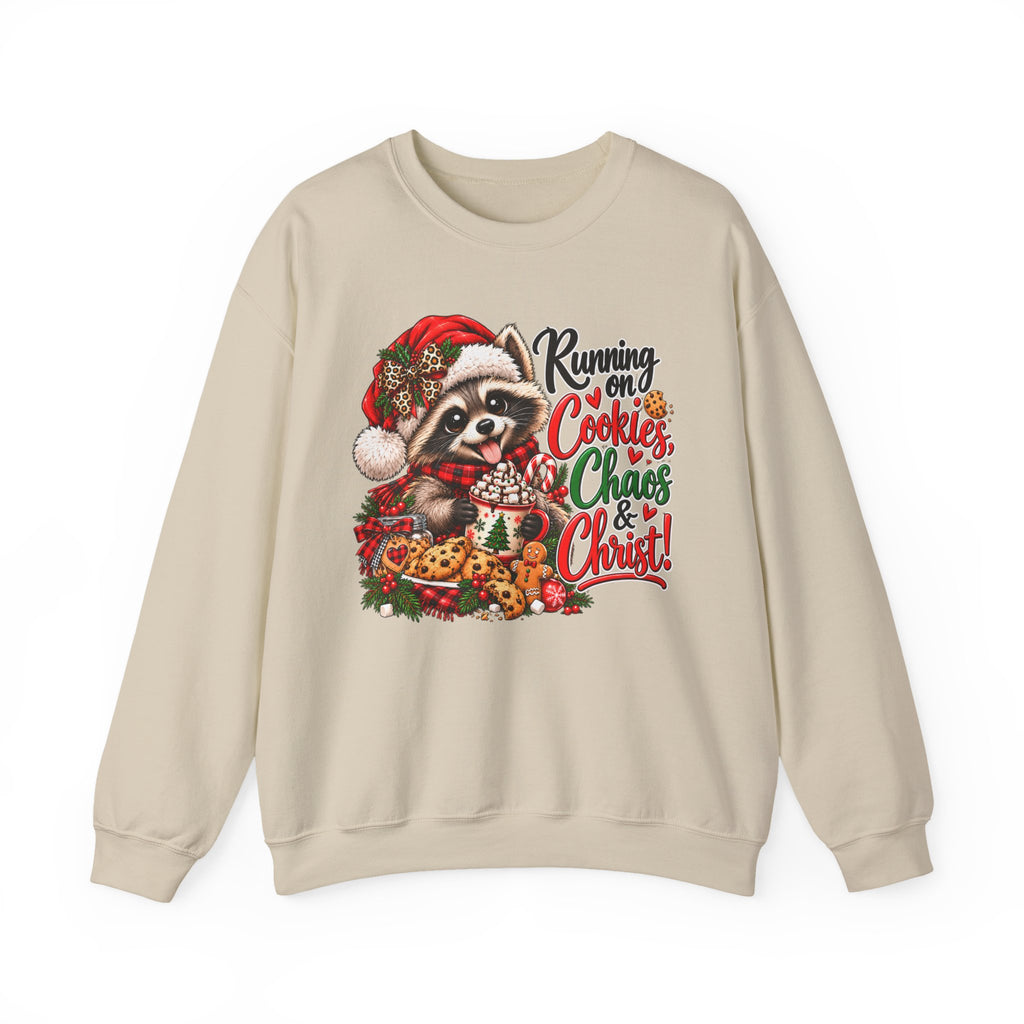 Running on Cookies, Chaos & Christ Christmas Raccoon Sweatshirt