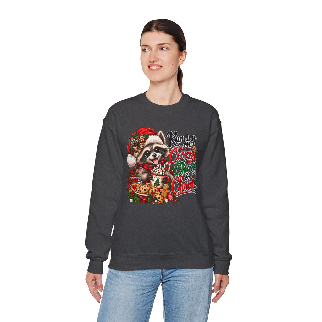 Running on Cookies, Chaos & Christ Christmas Raccoon Sweatshirt