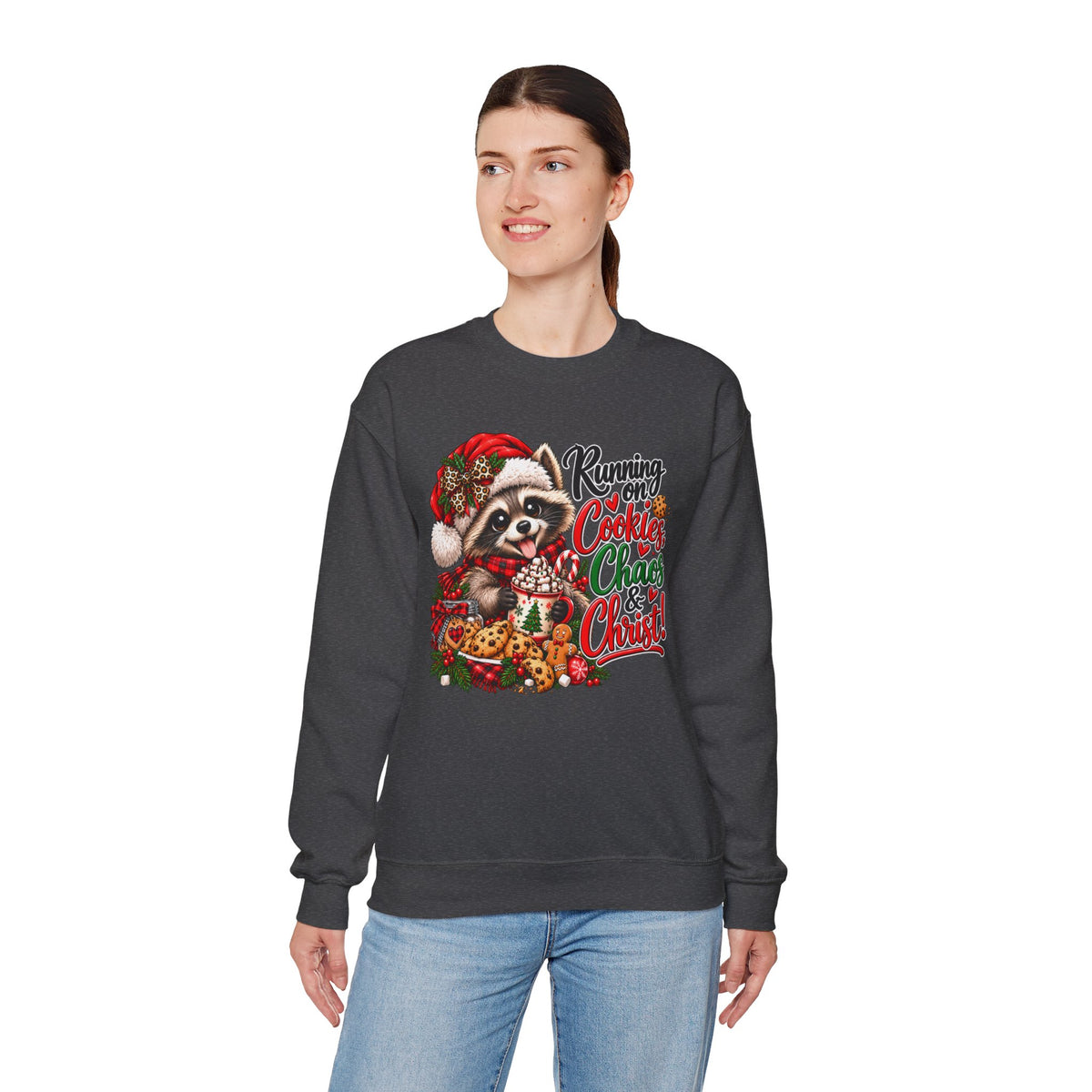 Running on Cookies, Chaos & Christ Christmas Raccoon Sweatshirt