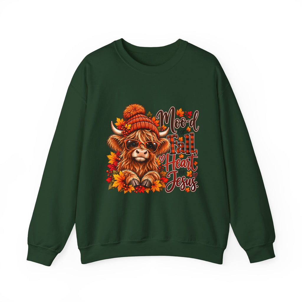 Moo-d for Fall, Heart for Jesus - Highland Cow Fall Sweatshirt