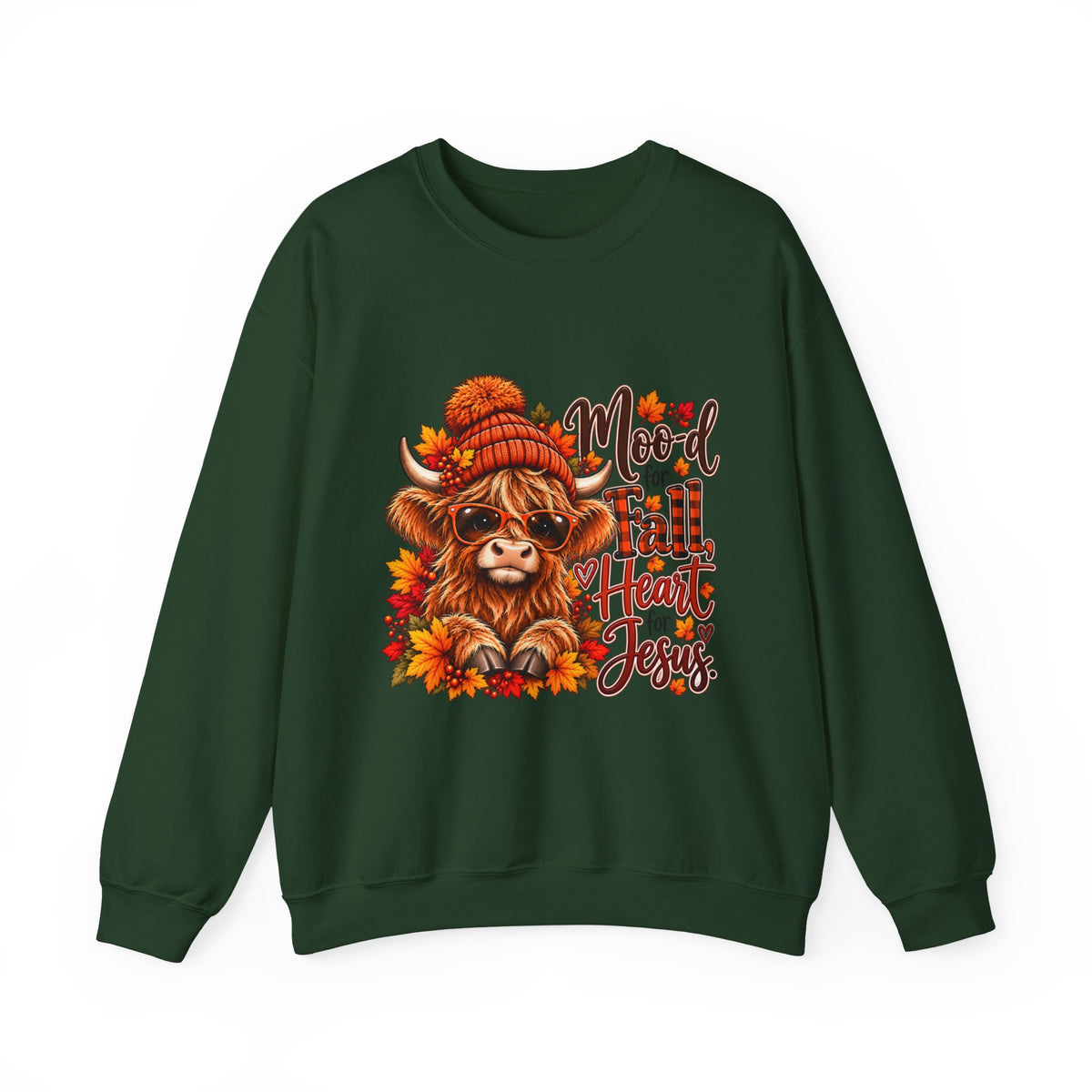 Moo-d for Fall, Heart for Jesus - Highland Cow Fall Sweatshirt