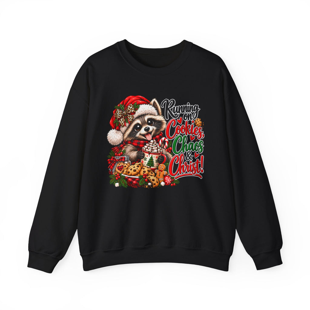 Running on Cookies, Chaos & Christ Christmas Raccoon Sweatshirt