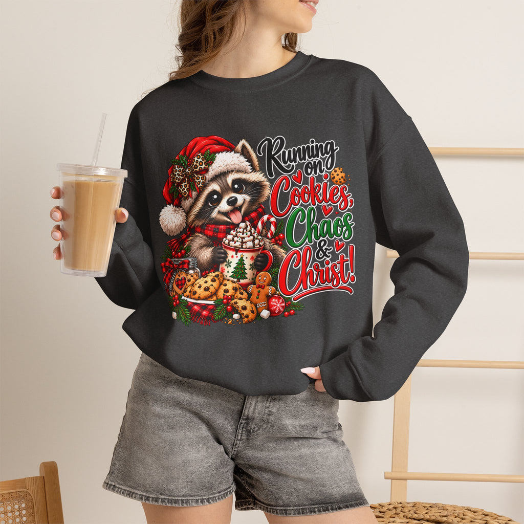 Running on Cookies, Chaos & Christ Christmas Raccoon Sweatshirt