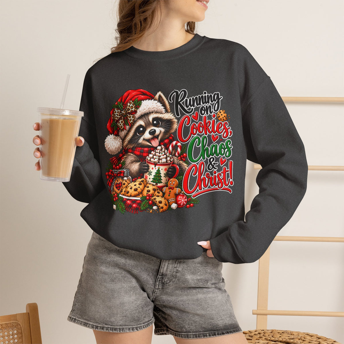 Running on Cookies, Chaos & Christ Christmas Raccoon Sweatshirt