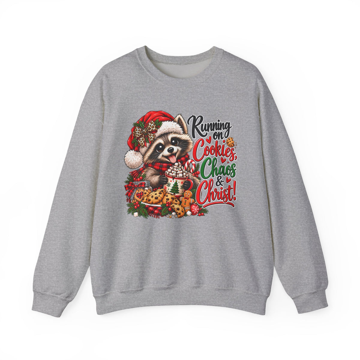 Running on Cookies, Chaos & Christ Christmas Raccoon Sweatshirt