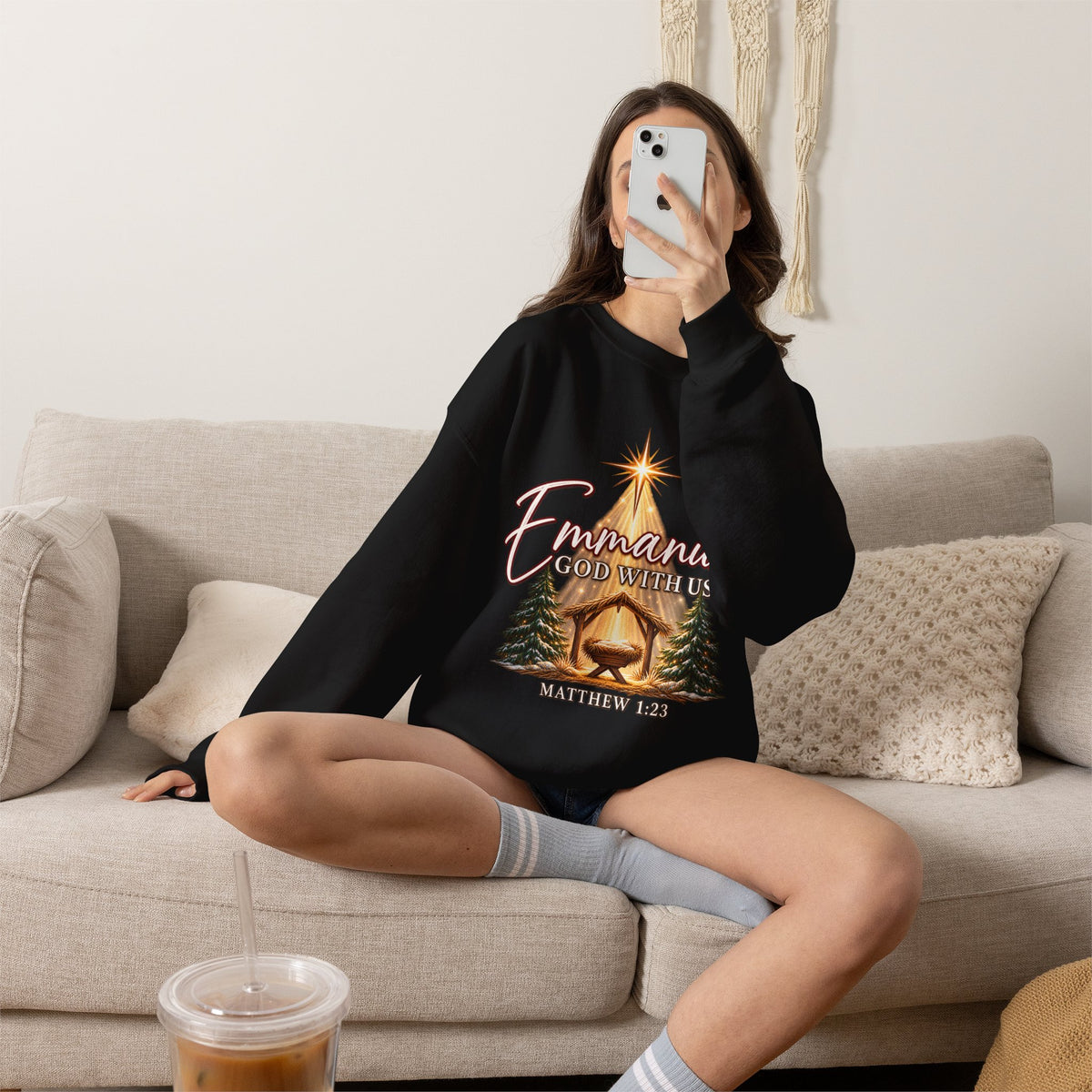 Emmanuel God With Us Christmas Sweatshirt – Matthew 1:23 Christian Crewneck