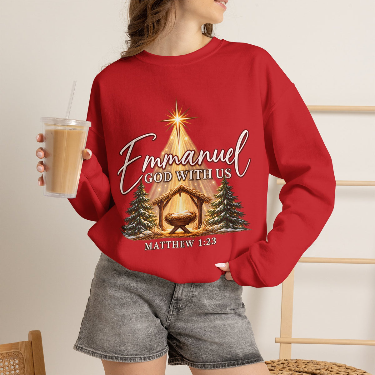 Emmanuel God With Us Christmas Sweatshirt – Matthew 1:23 Christian Crewneck