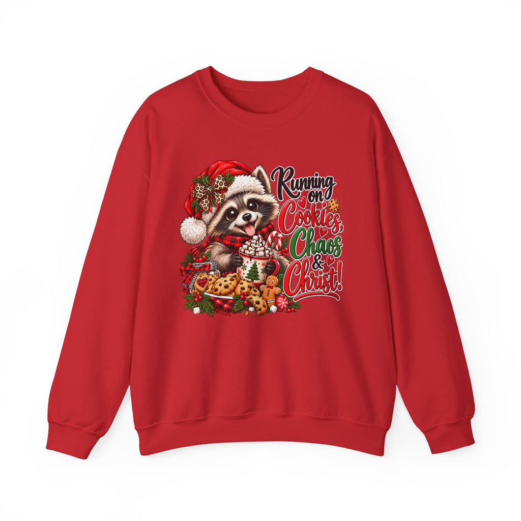 Running on Cookies, Chaos & Christ Christmas Raccoon Sweatshirt