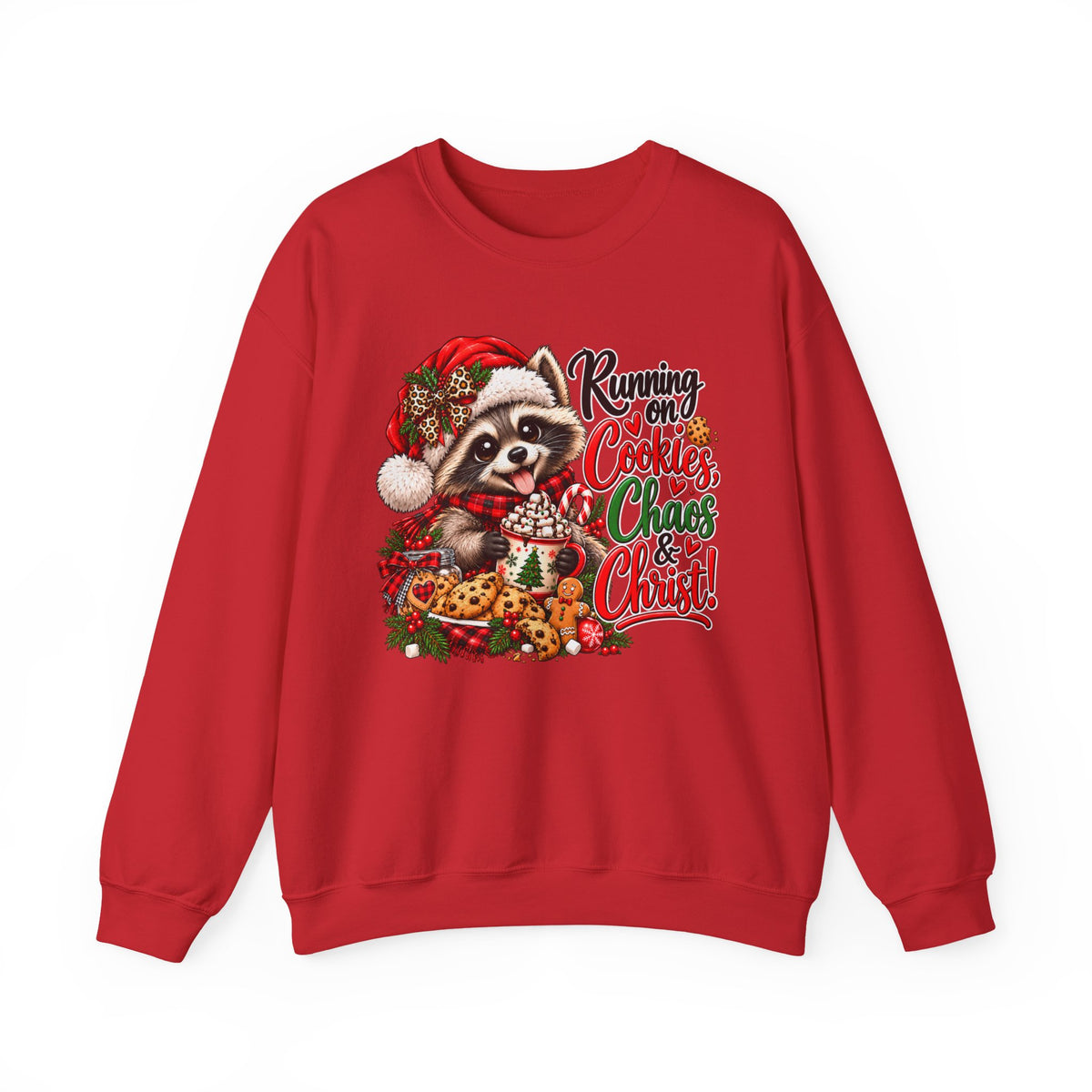 Running on Cookies, Chaos & Christ Christmas Raccoon Sweatshirt