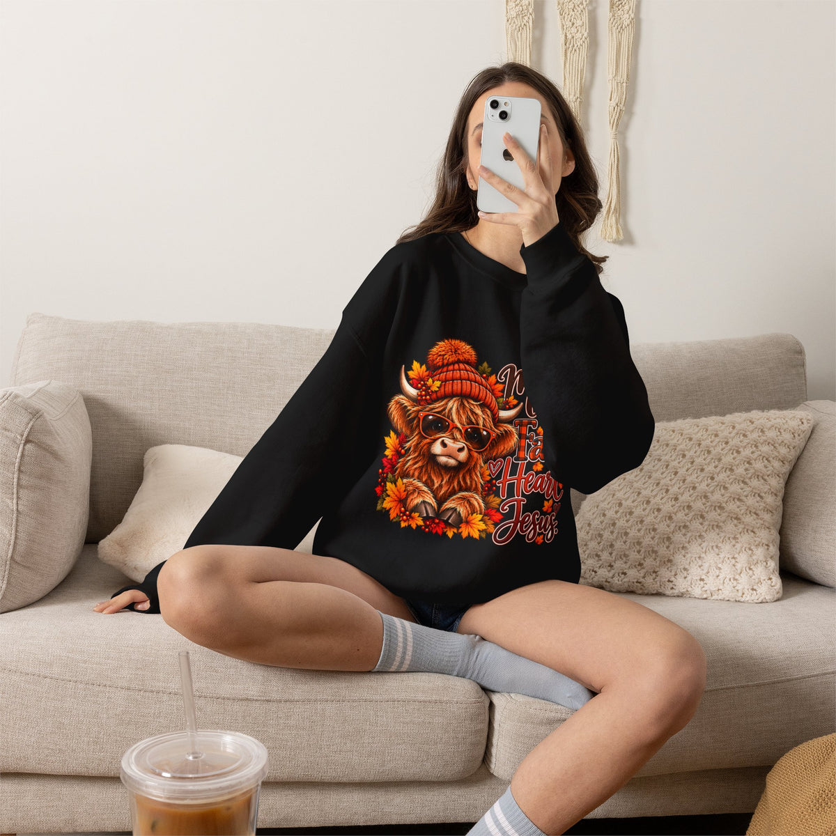 Moo-d for Fall, Heart for Jesus - Highland Cow Fall Sweatshirt
