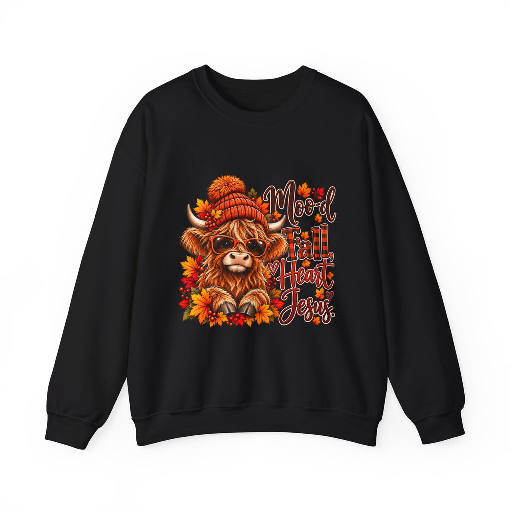 Moo-d for Fall, Heart for Jesus - Highland Cow Fall Sweatshirt