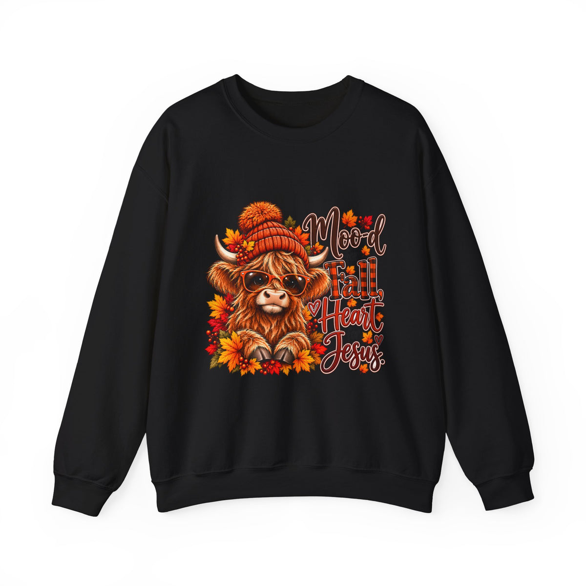Moo-d for Fall, Heart for Jesus - Highland Cow Fall Sweatshirt