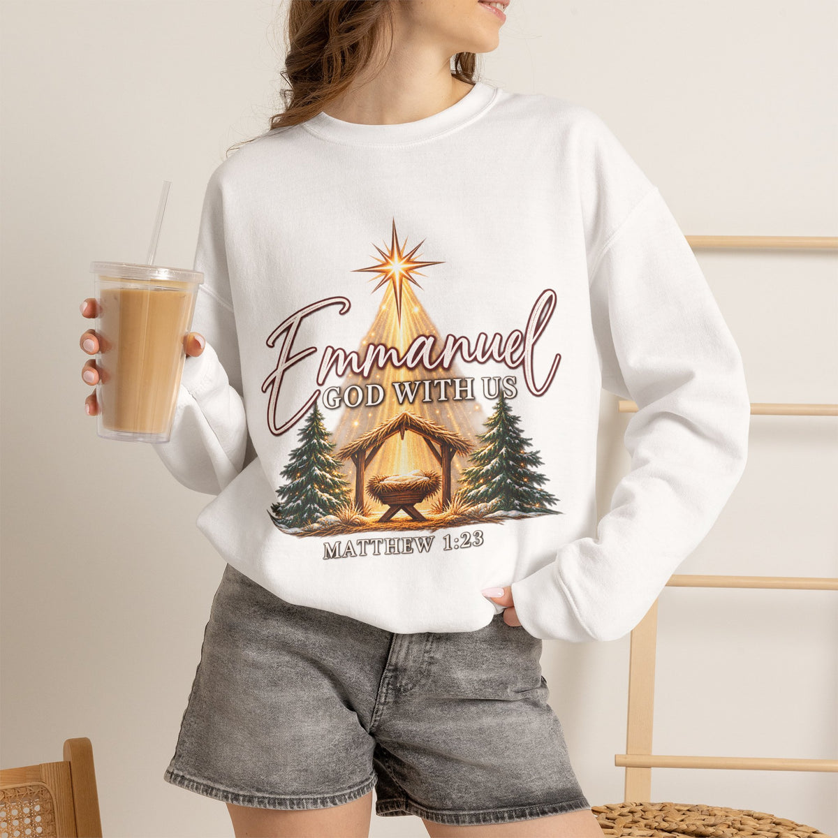 Emmanuel God With Us Christmas Sweatshirt – Matthew 1:23 Christian Crewneck