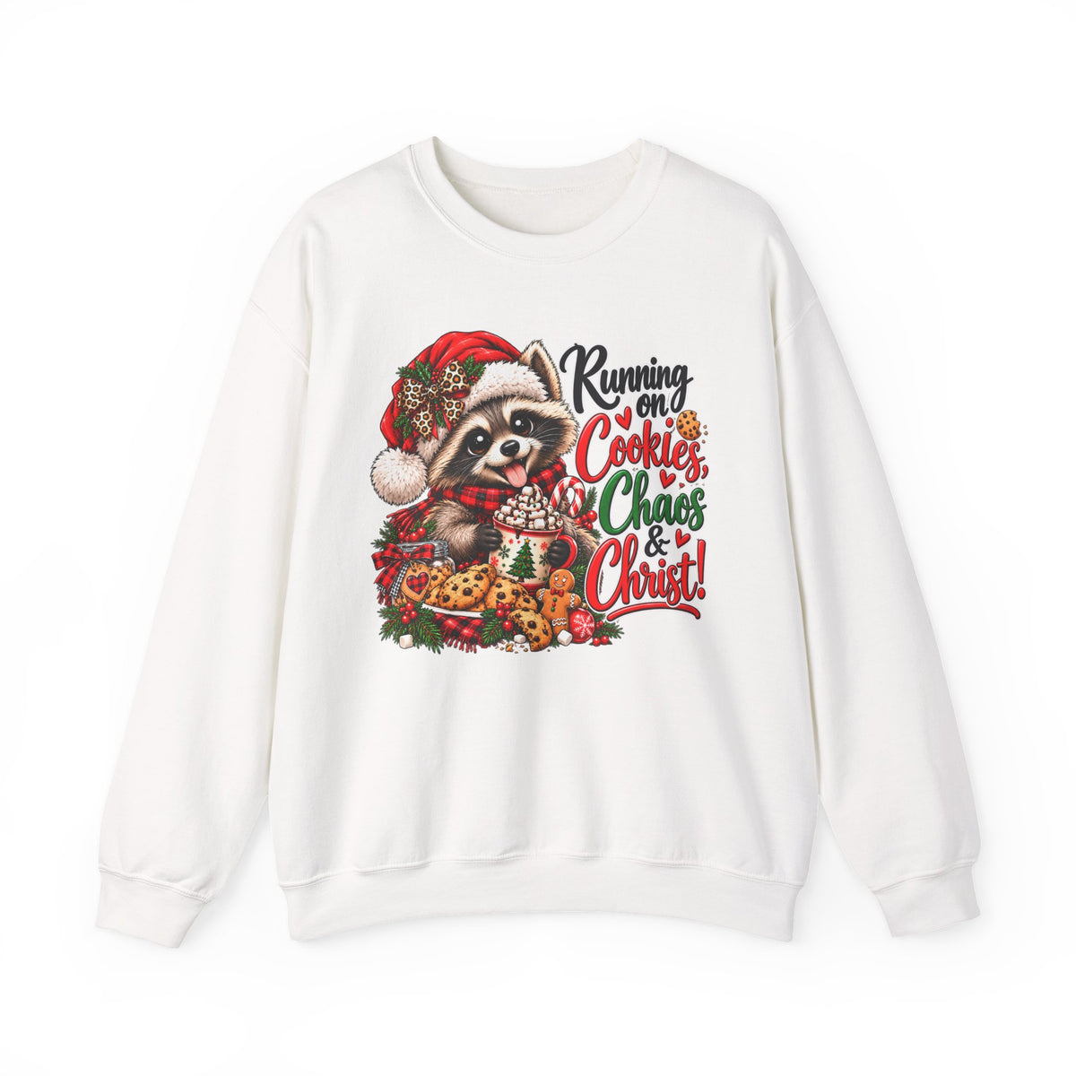 Running on Cookies, Chaos & Christ Christmas Raccoon Sweatshirt