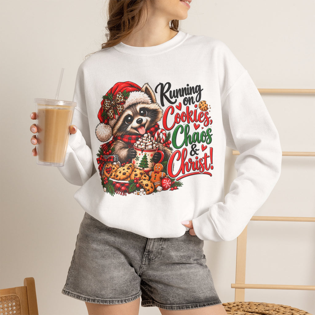 Running on Cookies, Chaos & Christ Christmas Raccoon Sweatshirt