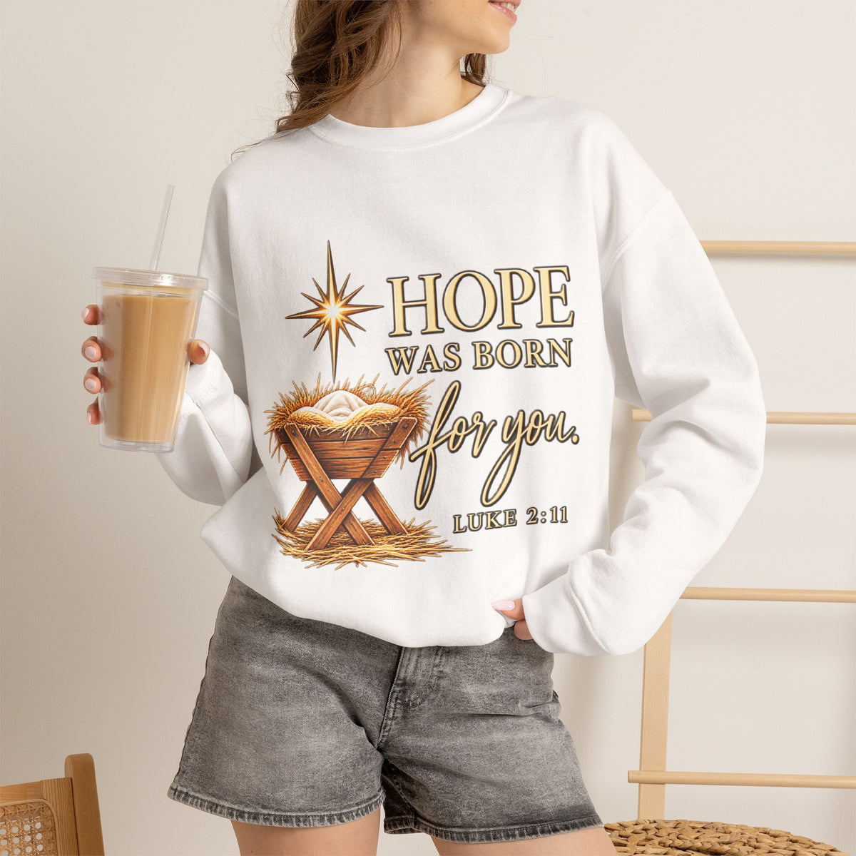 Hope Was Born for You Christian Christmas Crewneck Sweatshirt