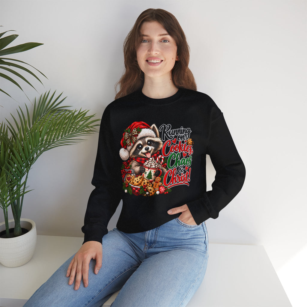 Running on Cookies, Chaos & Christ Christmas Raccoon Sweatshirt