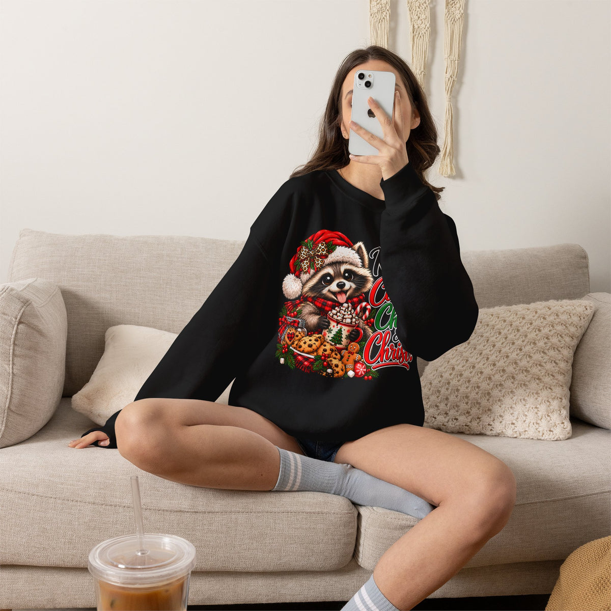 Running on Cookies, Chaos & Christ Christmas Raccoon Sweatshirt