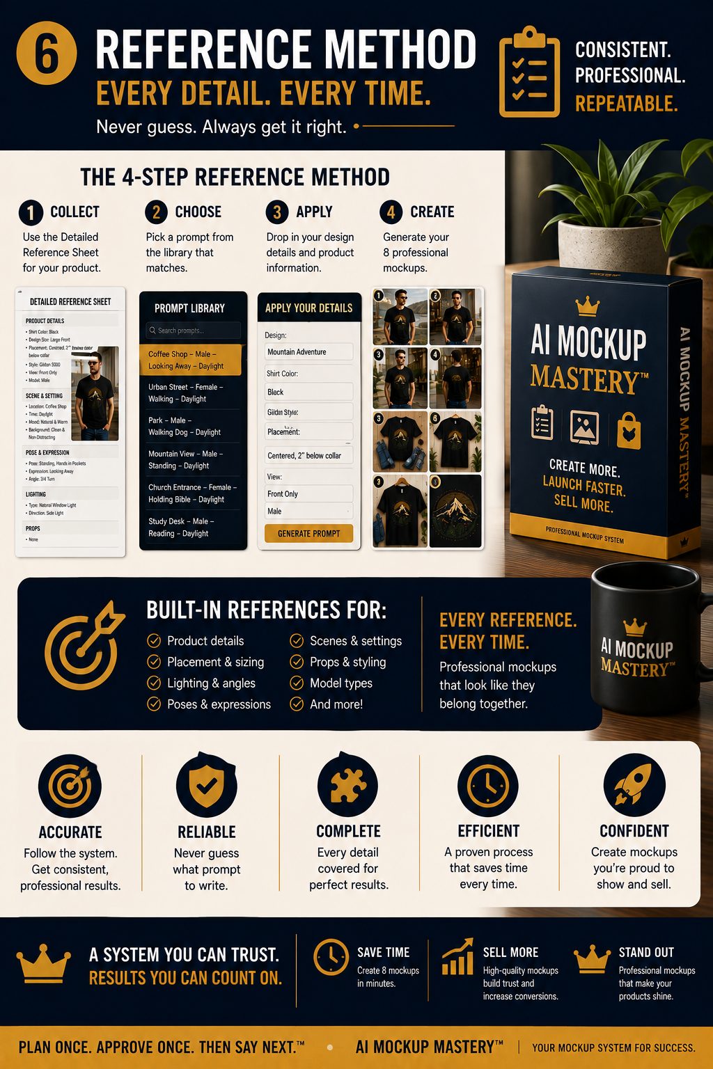 AI Mockup Mastery workflow tools including reference sheets, trackers, checklists, prompts, and quick commands